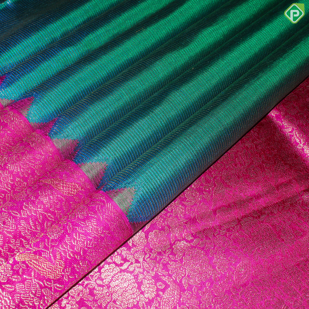 Peacock Green Gold Zari With Pink Color Flower And Birds Design Traditional Silk Saree