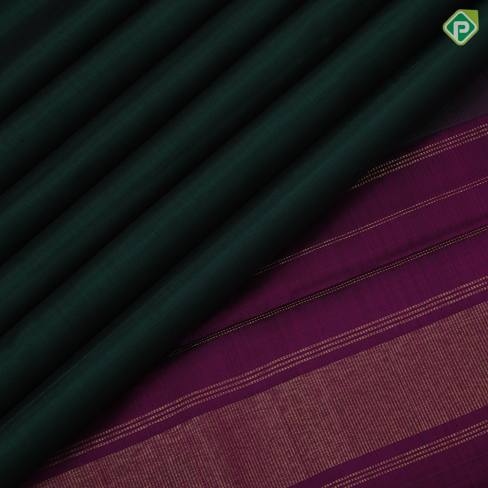 Bottle green plain weaved Purple gold zari edge border plain traditional vintage silk saree