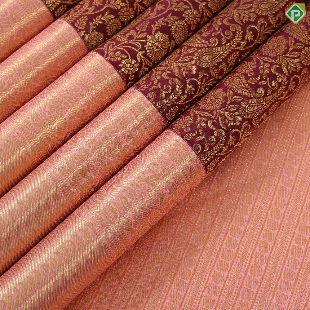 Maroon Red Grand Gold Zari Floral Creeper Design Peach Pink Border Bridal Silk Saree