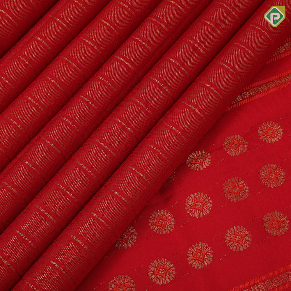 Chilly red gold zari velthaari vairaoosi lines design self gold zari orange padded butta retta pattai vintage silk saree