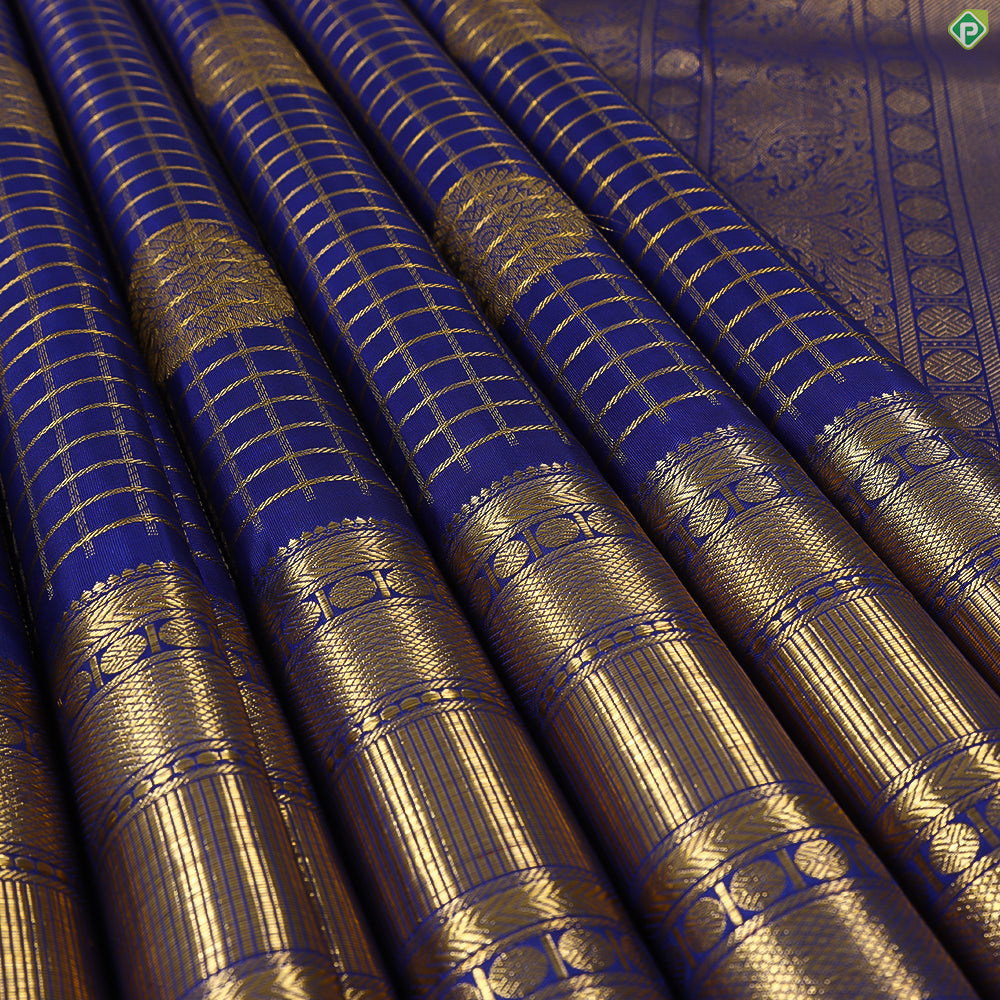 Royal Blue With Gold Zari Small Checked Gold Zari Multi Line Border Exclusive Bridal Silk Saree