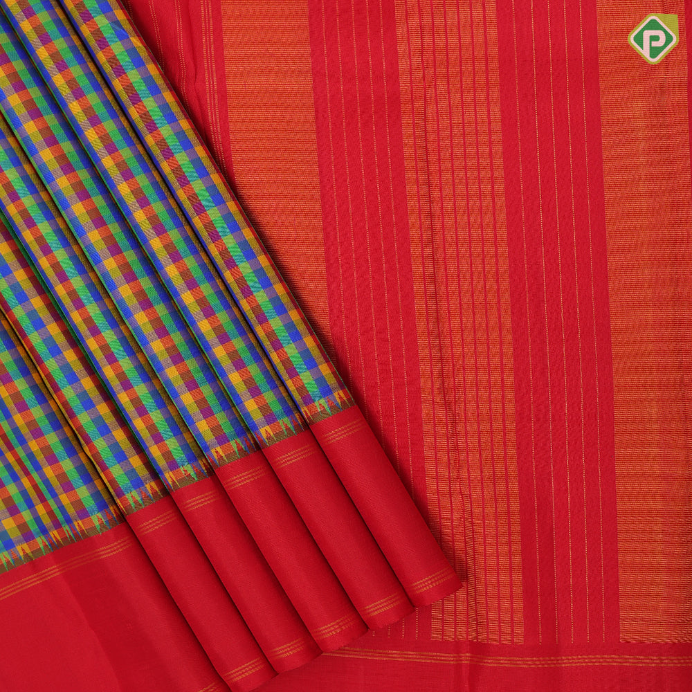 Micro multi color checks red gold zari temple rack border paalum pazhamum kattam traditional silk saree