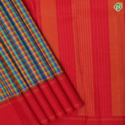 Micro multi color checks red gold zari temple rack border paalum pazhamum kattam traditional silk saree