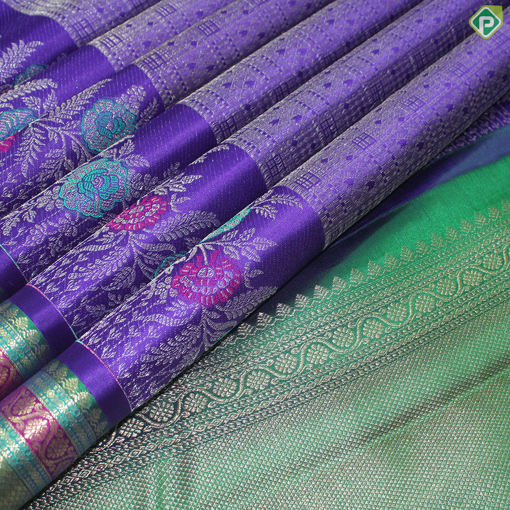 Purple Color Silver Zari With Green Color Mayilkan Design Border Traditional Silk Saree
