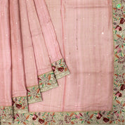 Rose Pink Flower Meena Work With Jamdhani Work Border Pure Tussar Silks Saree