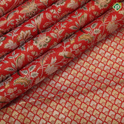 tomato red silver gold zari meena work bird and floral design self gold zari pallakku design border tissue silk saree