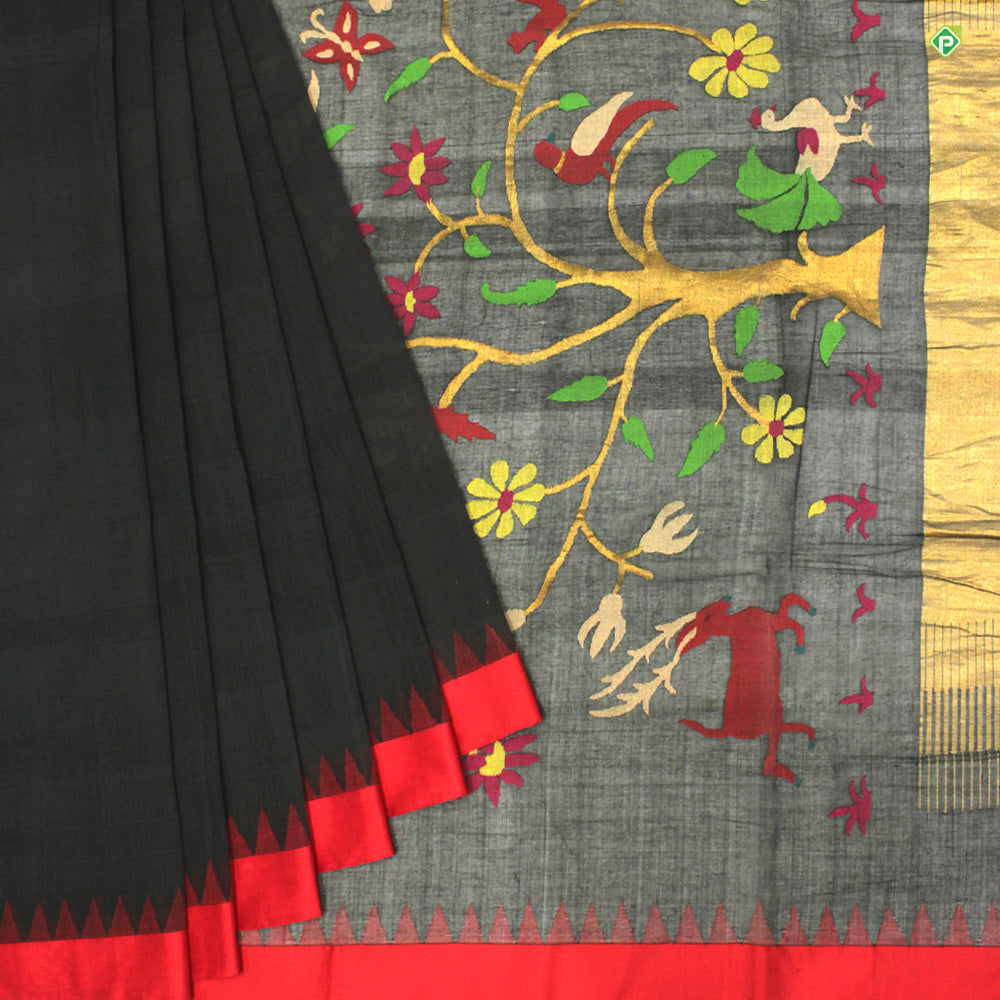 Black With Chilly Red Grand Paithani Zari Work Motifs Linen Silks Saree
