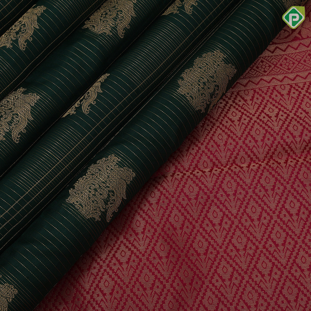 Bottle green gold zari checks flower motif design dark pink peacock elephant border design traditional silk saree