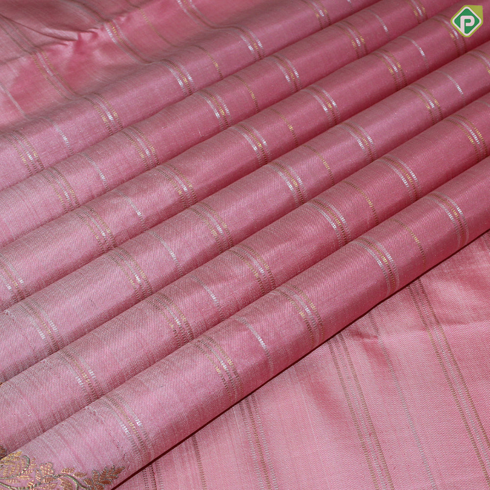 Peach Pink With Silver and Gold Zari Lines Self Colure Border Trendy Silk Saree