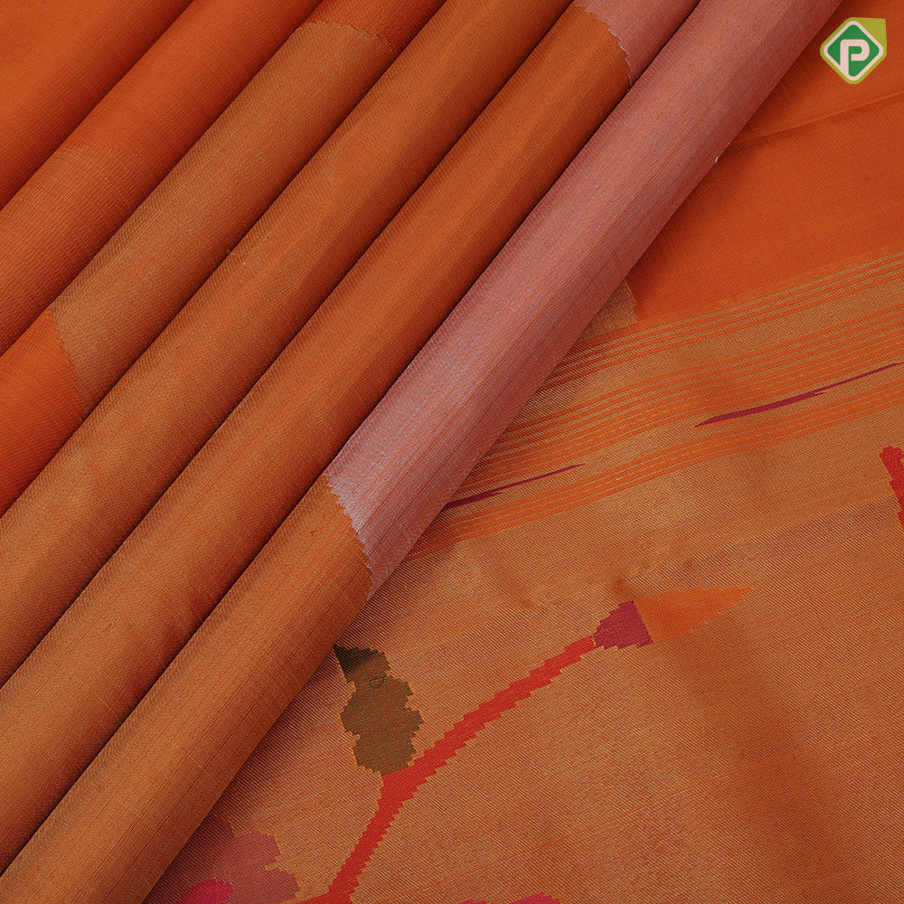 Dark Orange gold silver zari tissue pythonic pallu raising border sun and the moon inspired silk saree