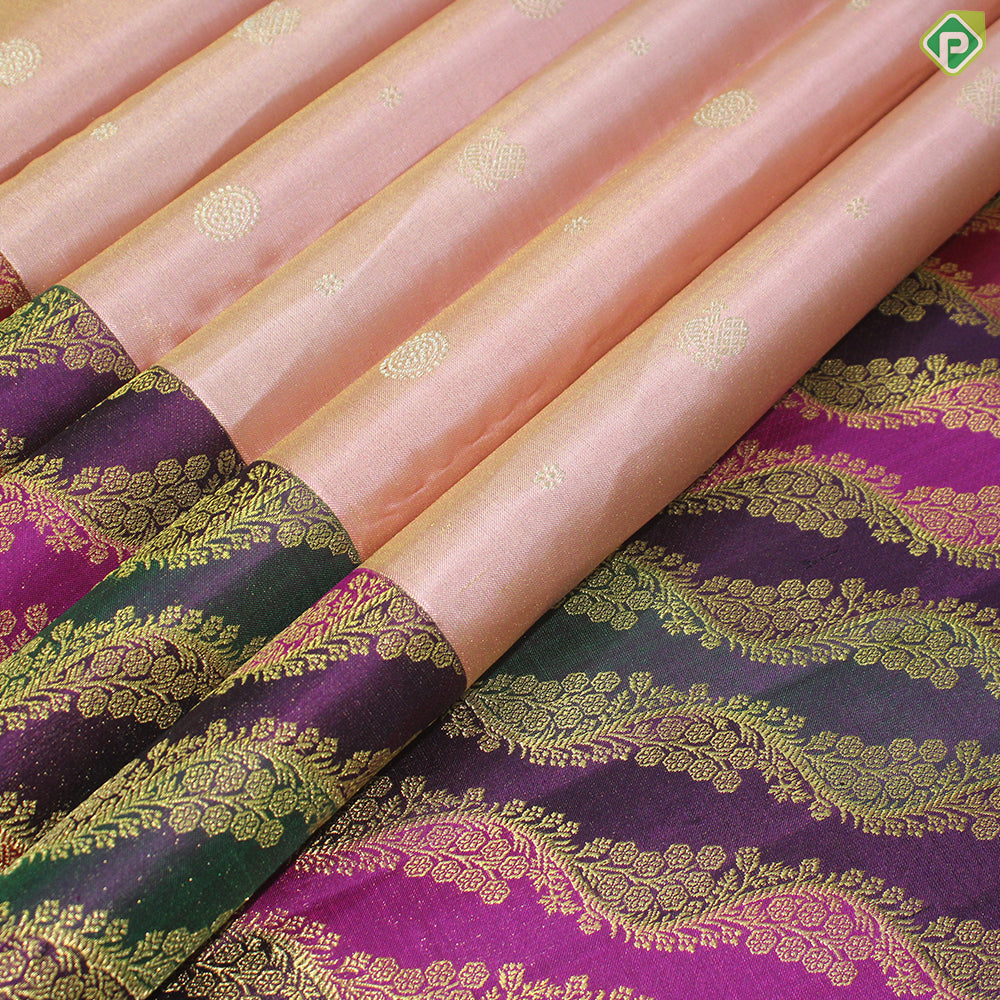 Baby Pink Gold Tissue Peacock And Flower Motif With Purple Color Border Traditional Silk Saree