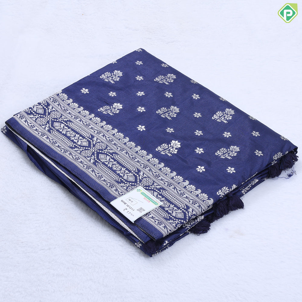 Indigo blue silver zari flower butta design banaras self rangoli border chiffon fancy saree