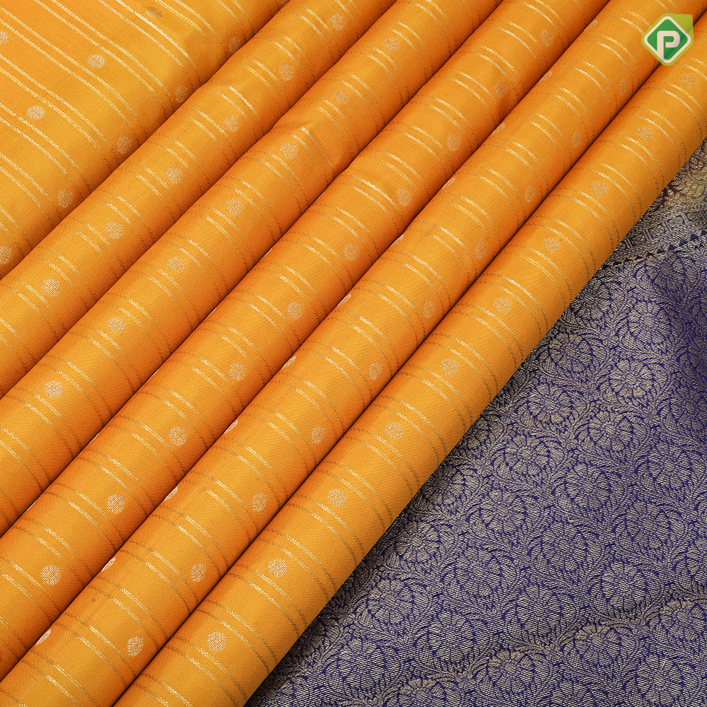 Corn yellow gold zari double lines mid dots design royal blue gold zari rangoli border traditional silks saree