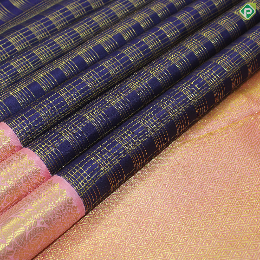 Navy Bule Gold Zari With Peach Pink Border Traditional Silk Saree