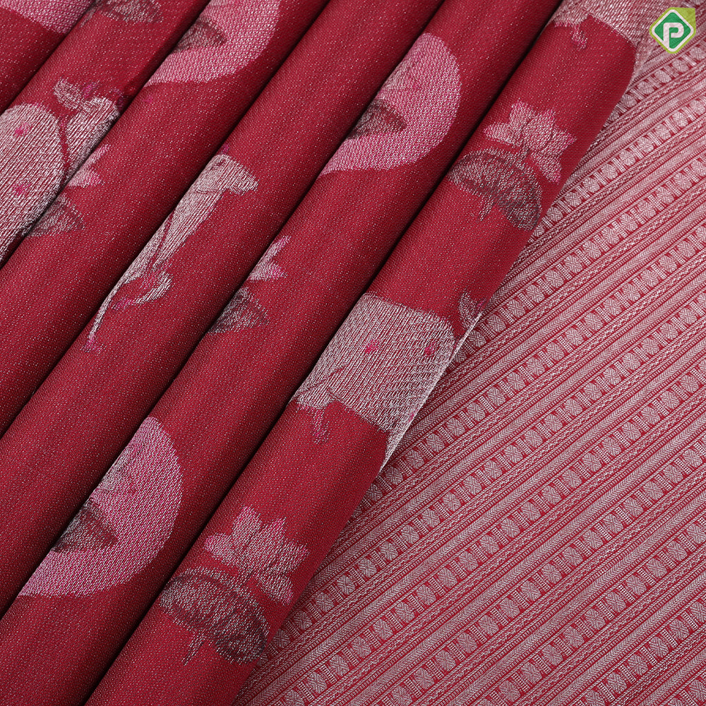 Beetroot red silver zari cow and lotus Pichwai painting Inspired rare signature edition silk saree