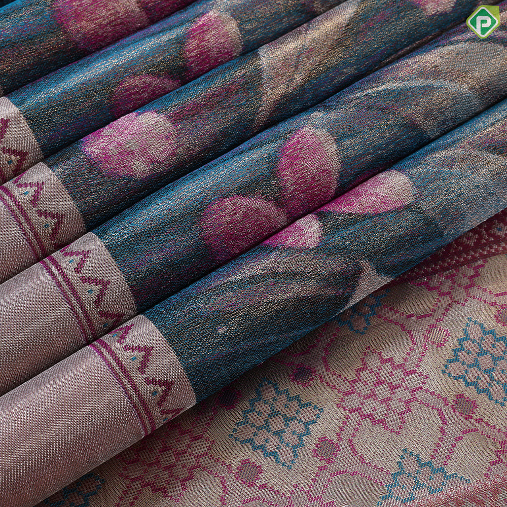 Multi colour silver zari by zari big flowers weaved design peach pink plain border bridal tissue silk saree