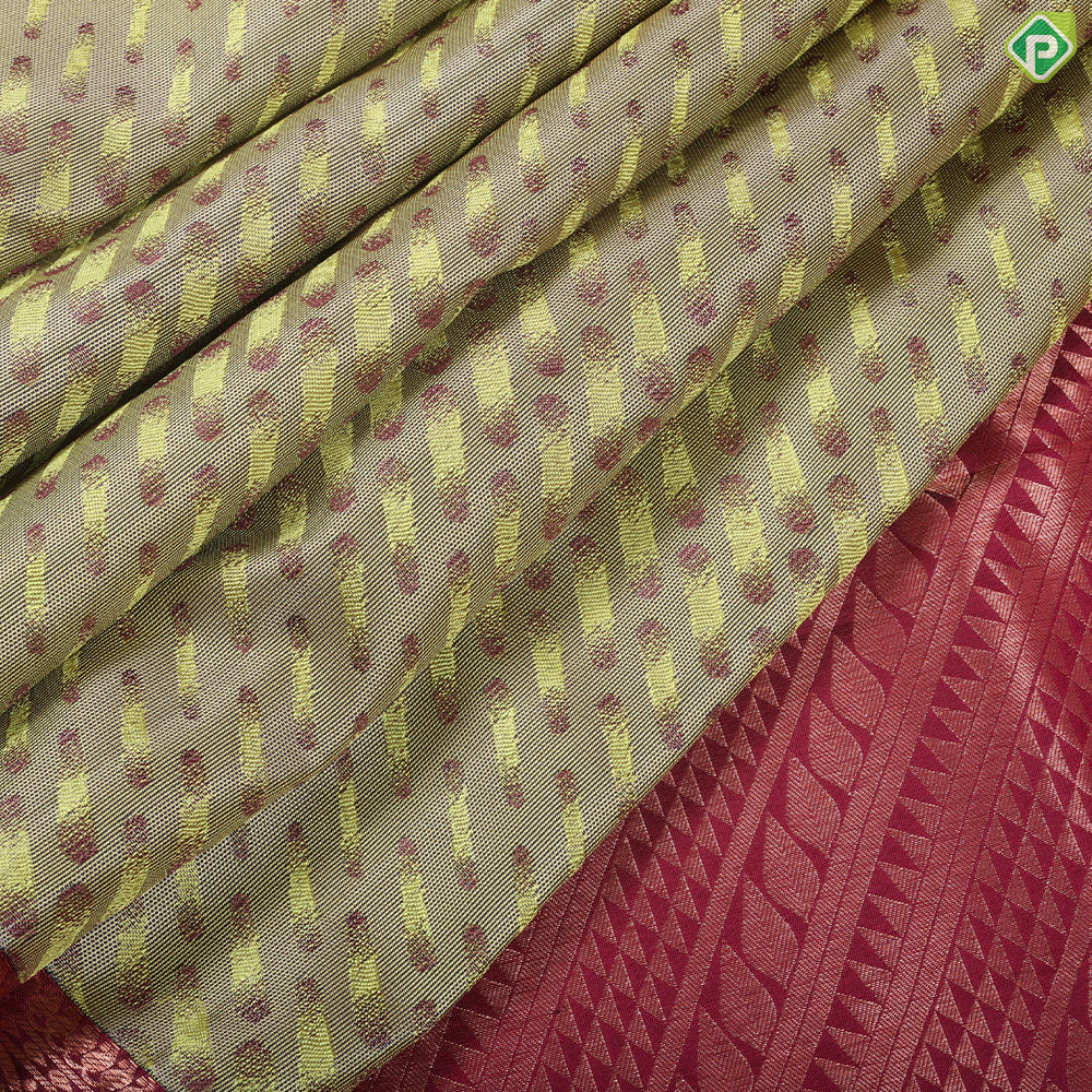 Marble blue pink combined cross bars design pink copper zari rangoli border trendy silk saree