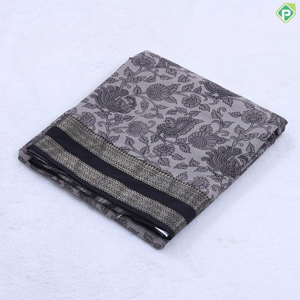 beige with black kalamkari design contrast black gold zari rettapet border fancy cotton saree