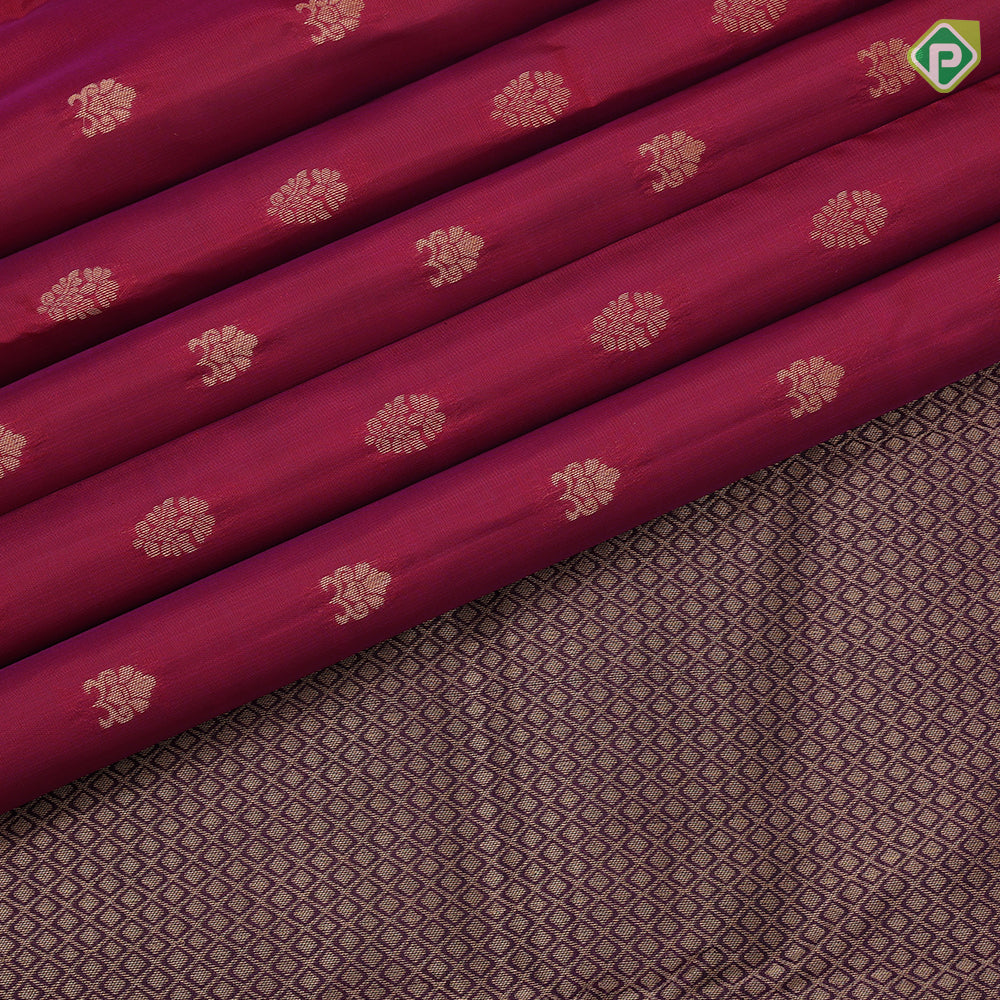 Chilly Red Gold Zari Flower Butta Design Purple Ruthracham Flower Border Design Pure Mix Silk Saree