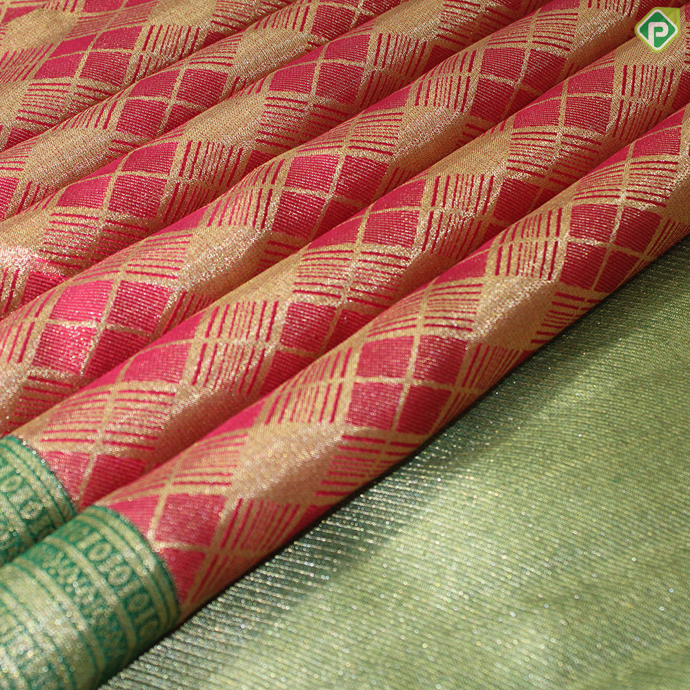 Tomato Red Gold Zari With Green Color Border Traditional Silk Saree