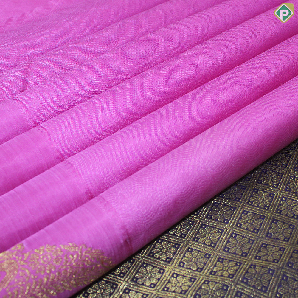 Pink Color Self With Peacock Motif Edge Cross Line Border Traditional Silk Saree