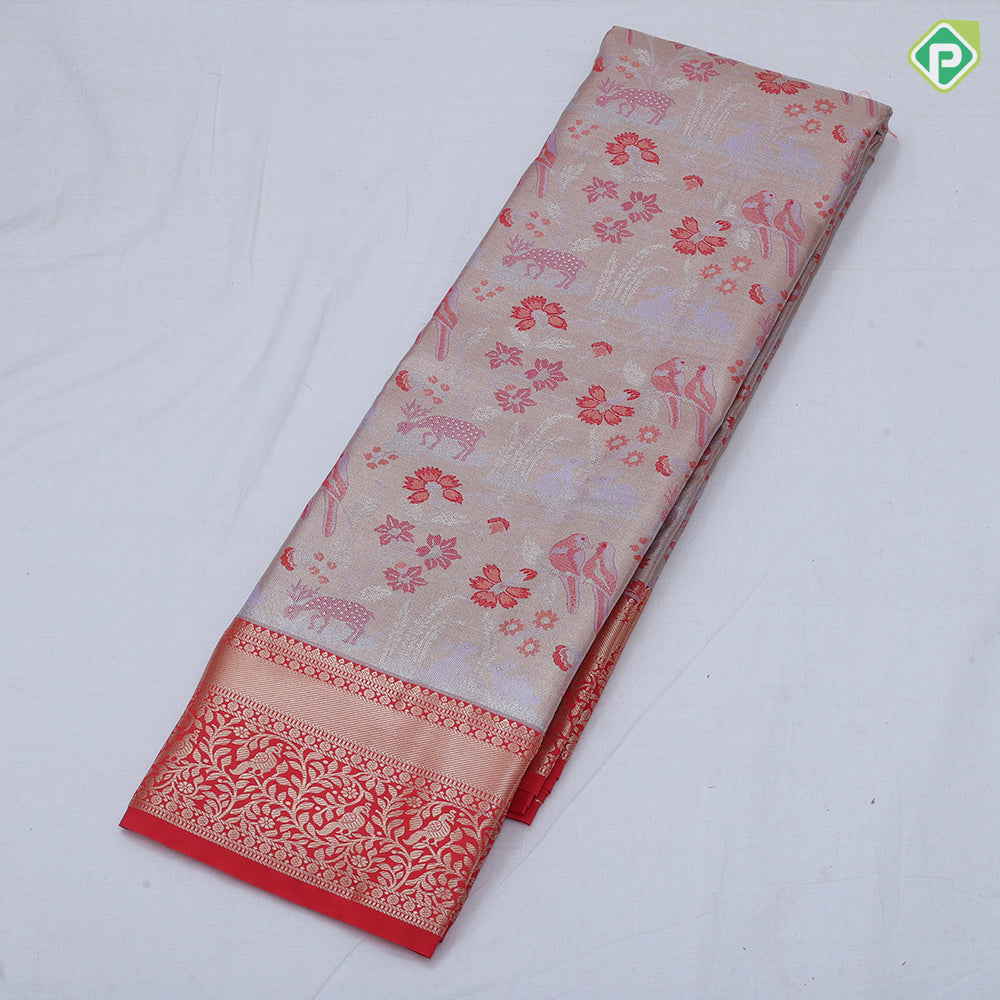 Pewter pink base multi color wild effect design dark green gold zari floral birds design border tissue art silk saree