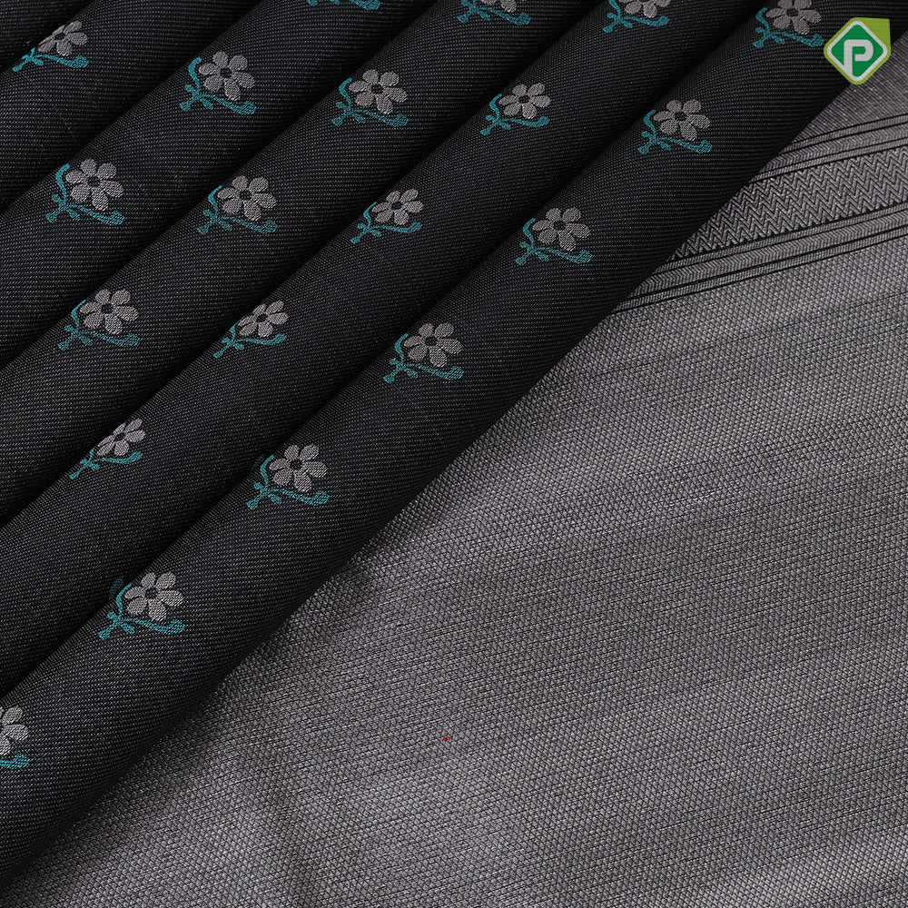 Luxury black base silver zari rama blue fancy flower butta silver grey rama blue flower and peacock design border signature tissue silk saree
