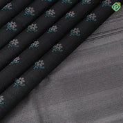 Luxury black base silver zari rama blue fancy flower butta silver grey rama blue flower and peacock design border signature tissue silk saree