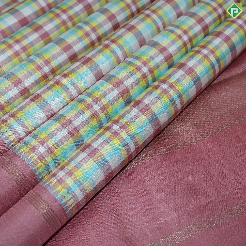 Multi Color Checks With Onion Pink Gold Zari Traditional Silk Saree