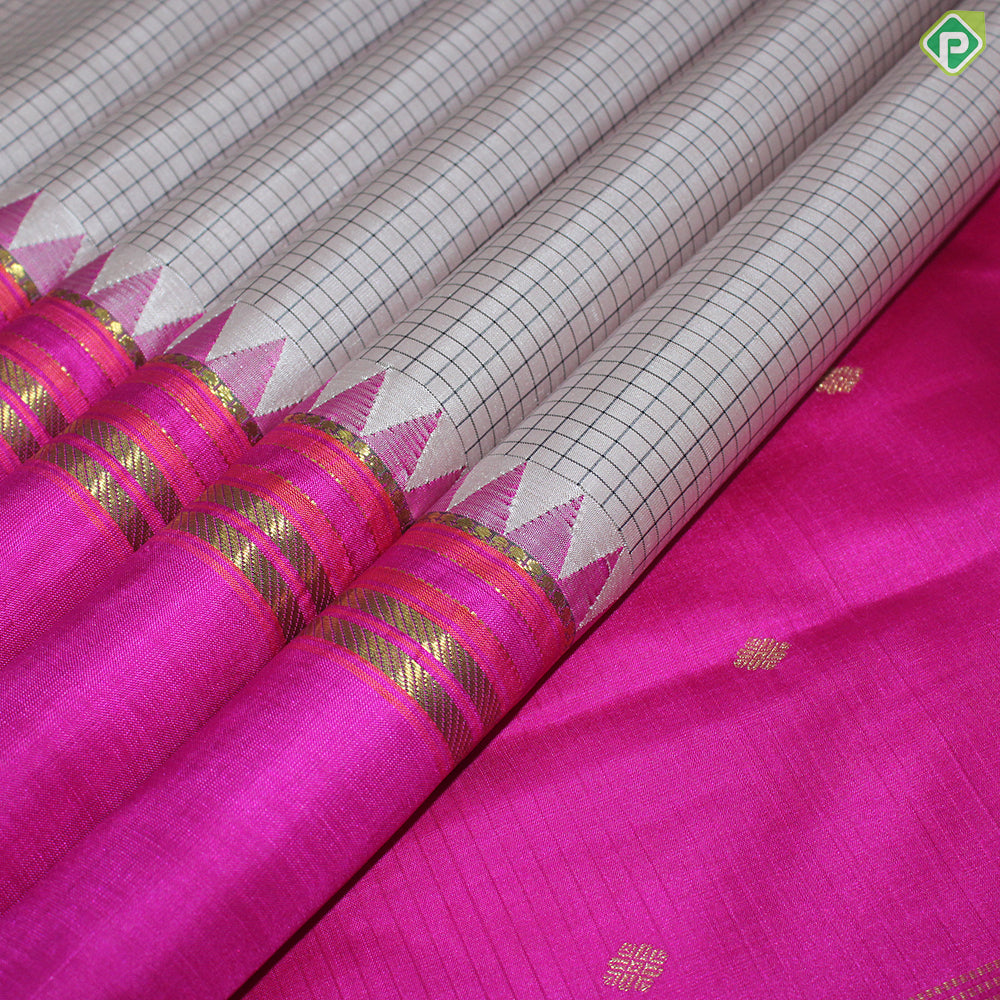 Creamy Peach With Grape Brown Small Checks Contrast Border Traditional Silk Saree