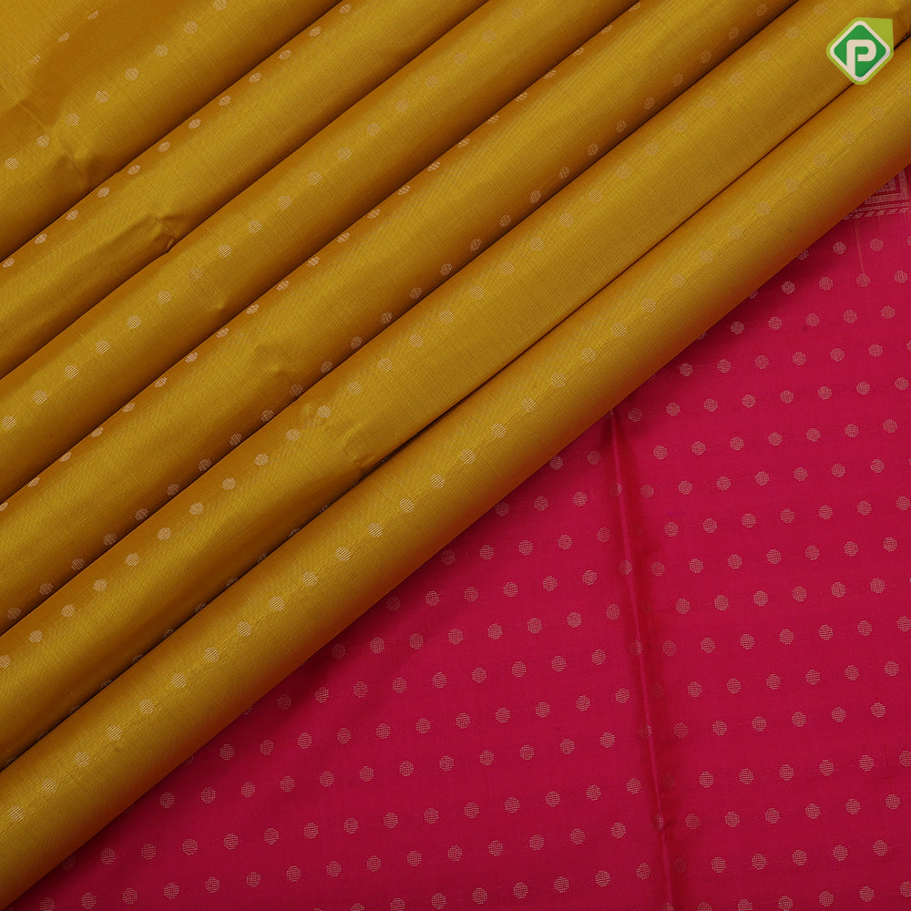 Mustard yellow gold zari dots lines self gold zari line border contrast pink gold zari dot pallu soft silk saree