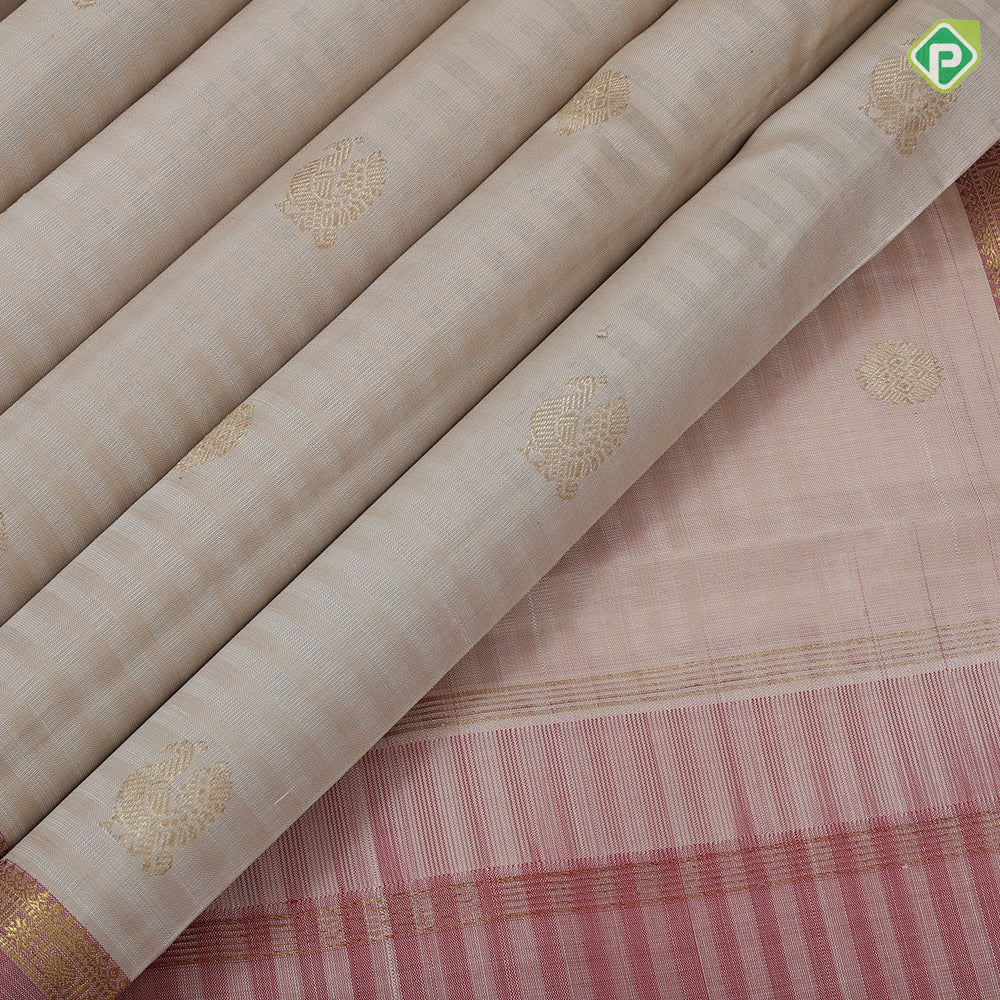 creamy sandal Self lines gold zari annam chakkaram butta three part onion pink rettapet high border traditional silk saree