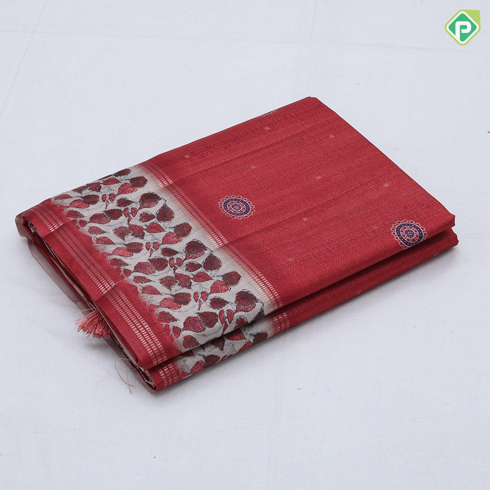 Dark color gold zari butta chakram prints cream base leaves border fancy cotton saree
