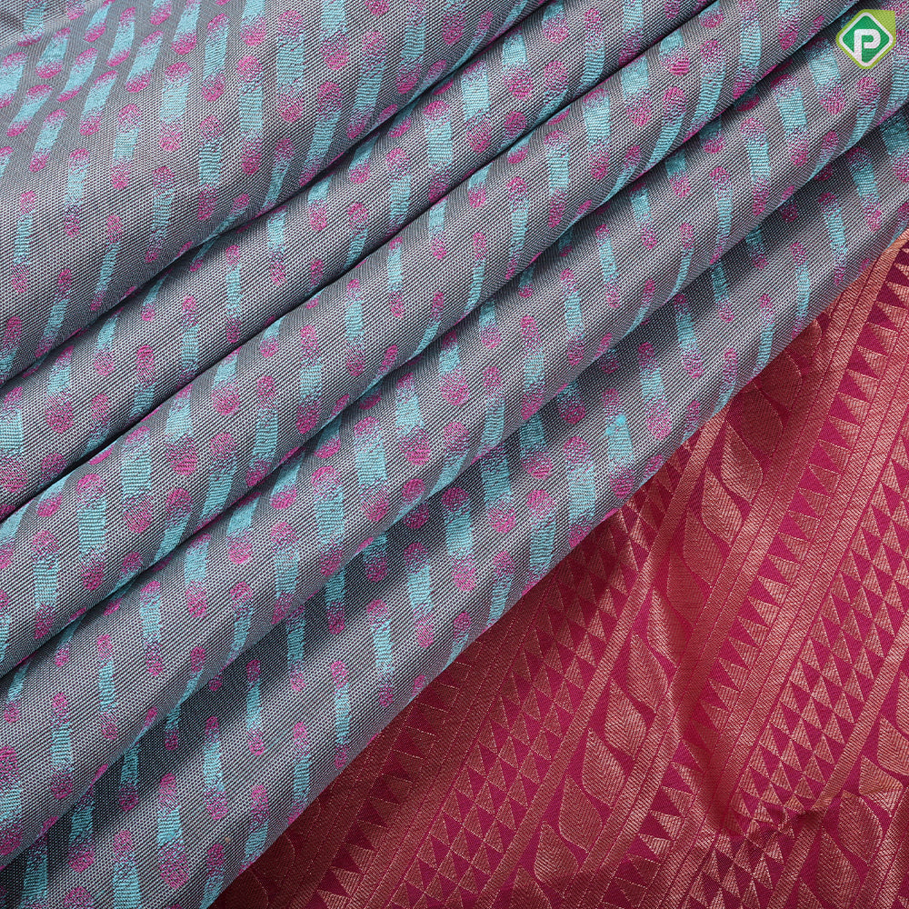 Marble blue pink combined cross bars design pink copper zari rangoli border trendy silk saree
