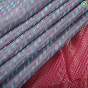 Marble blue pink combined cross bars design pink copper zari rangoli border trendy silk saree