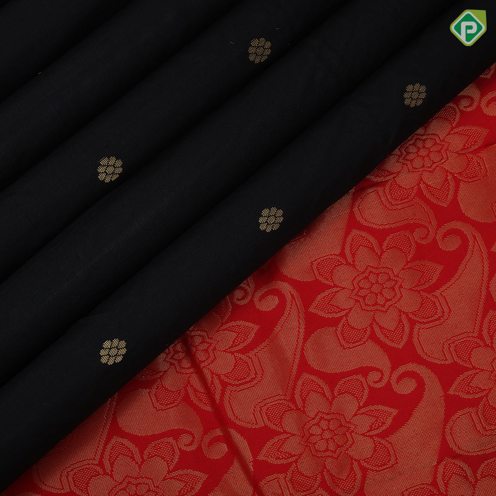 Black with gold zari fancy flower butta design rani red gold zari mango thilagam butta border pure mix saree