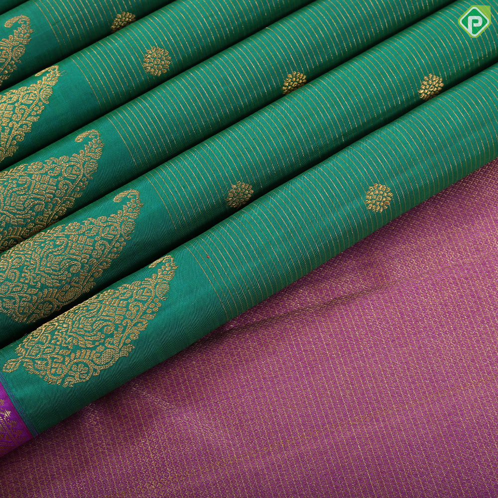Spanish Green gold vairaoosi rudraksham butta design purple gold zari mango padded border traditional silk saree