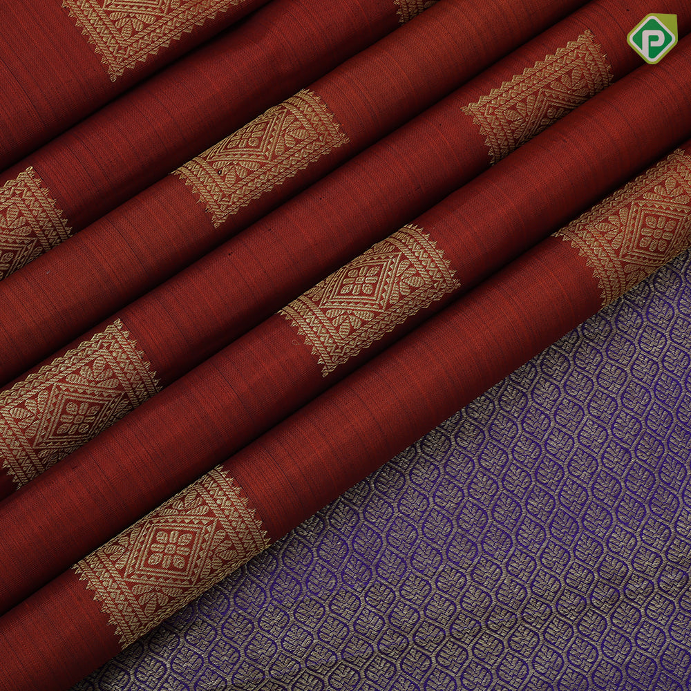 Rust Orange Gold Zari Checks Flower Butta Design Violet Mayilkan Border Design Traditional Silk Saree