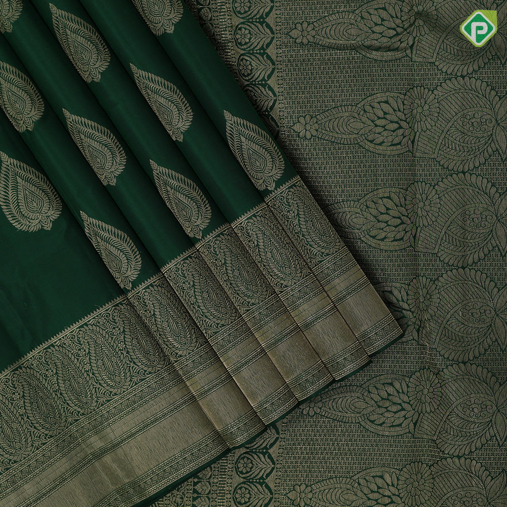 Bottle green gold zari leaf design self gold zari mango butta border gift silk saree