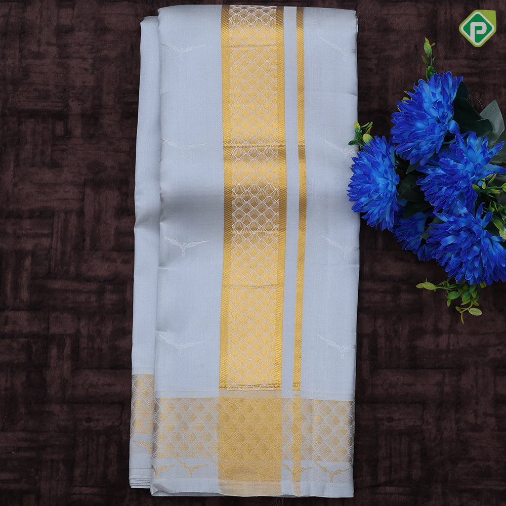 Grey self designed gold zari diamond border 9*5 dhoti 3 in 1 Vesti set