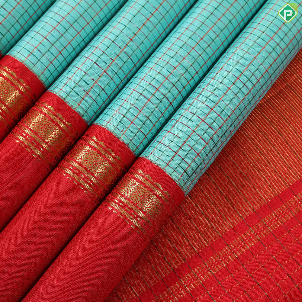 Tea Green with Multi color checkered contrast red rettapet border traditional silk saree