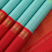Tea Green with Multi color checkered contrast red rettapet border traditional silk saree
