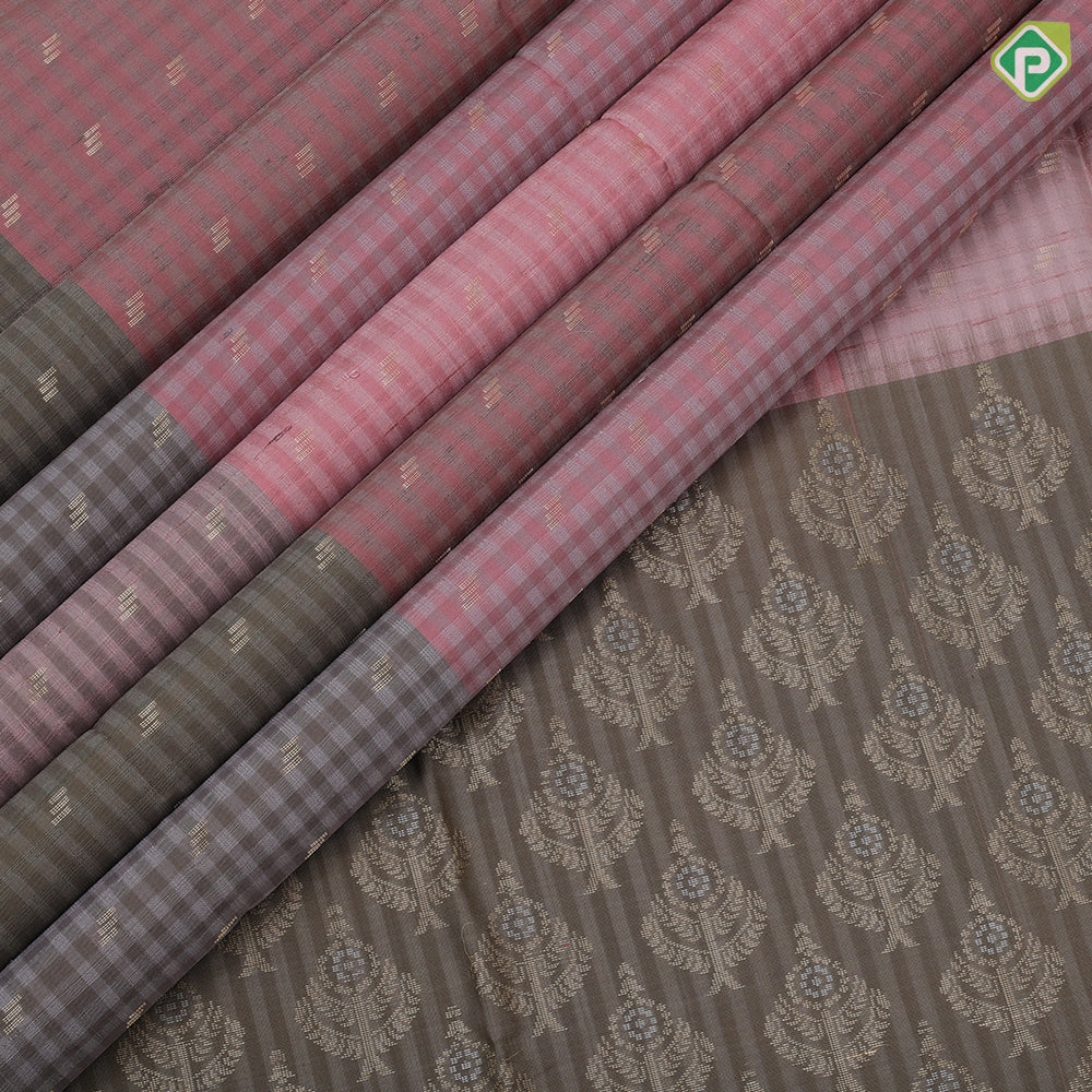 Multi color self checks gold zari three line butta multi color multi color high border grand pallu soft silk saree