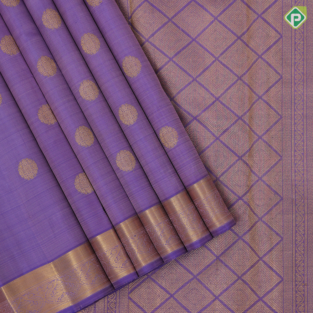 Dark lavender gold zari chakkaram butta motifs self gold zari double peacock butta design border traditional silk saree