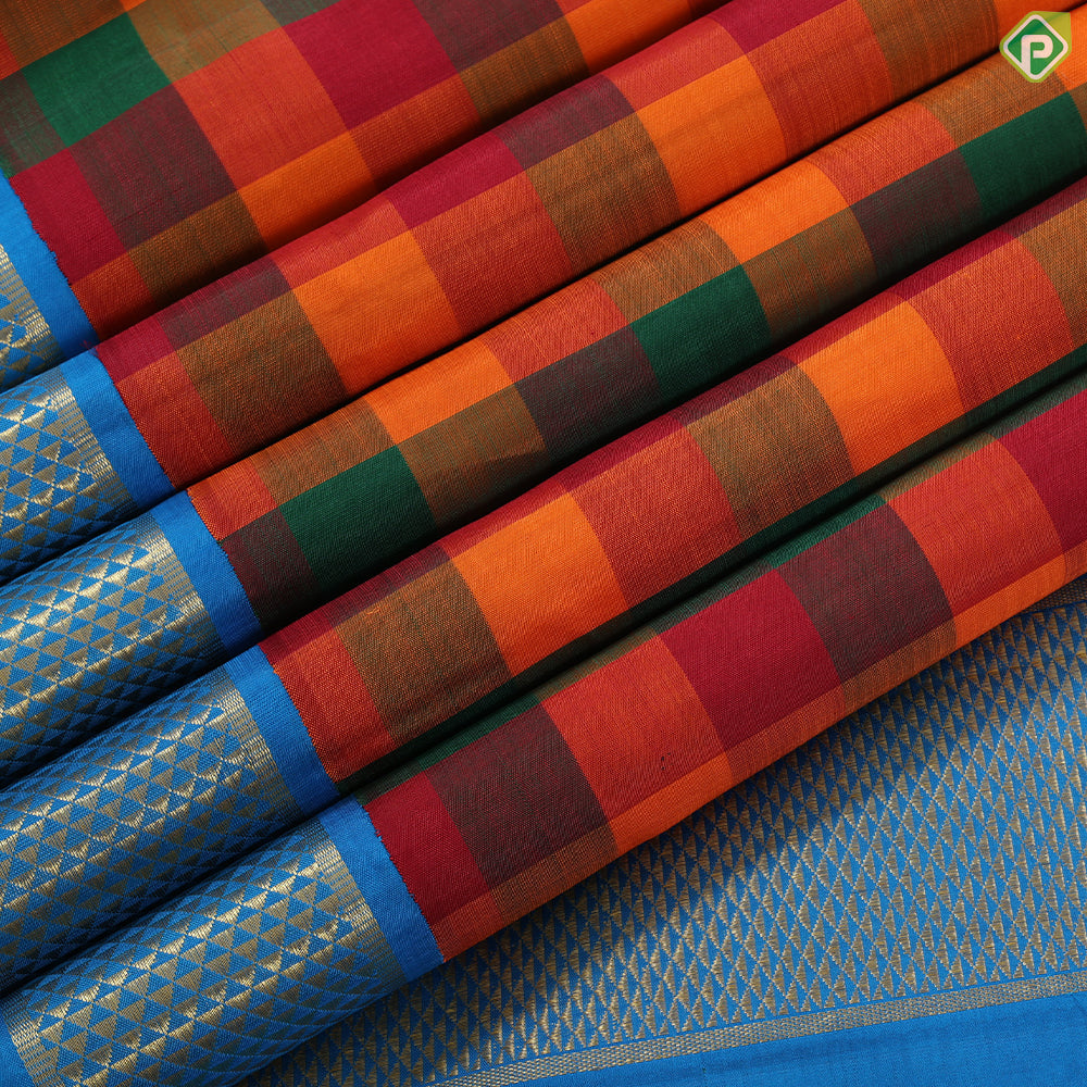 Multi color checkered design contrast electric blue gold zari mayilkan border madisar 10 yards saree