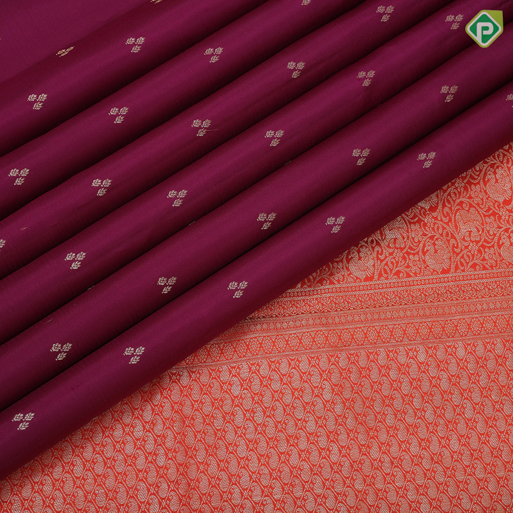Dark purple silver gold zari tri star butta design contrast orange silver gold zari fancy design border trendy designer silk saree