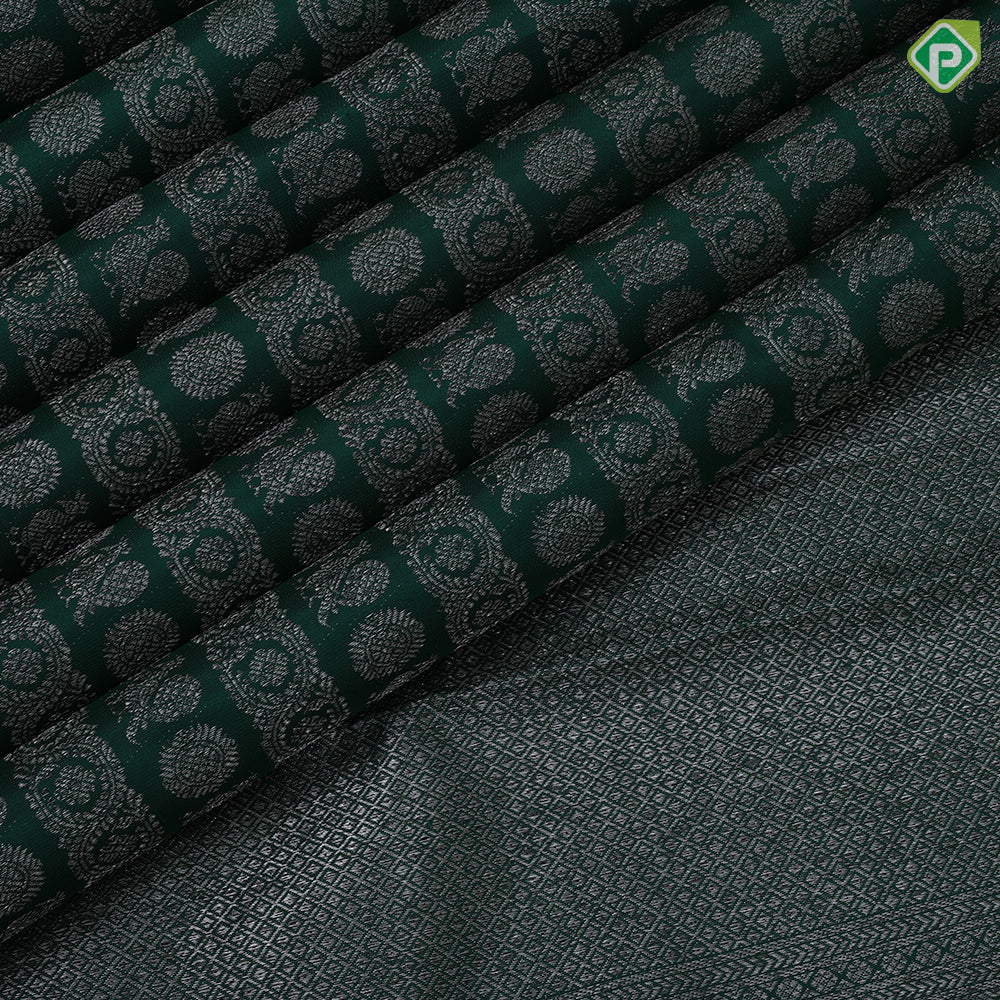 Bottle Green Silver Zari Peacock Chagaram Floral Design Self Colour Weave Border Design Trendy Silk Saree