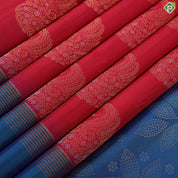 Tomato red silver gold zari mango butta design peacock blue gold zari rettapet border soft silk saree