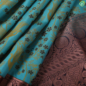 Rama Blue Mustard yellow meena work design brown copper zari thilagam border trendy silk saree
