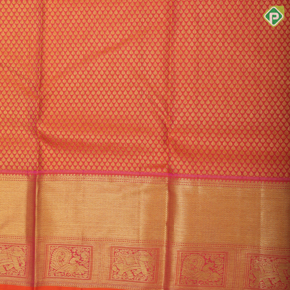 Purple gold zari annam horse floral design pinkish orange gold zari zig zag border pattu paavadai lehanka
